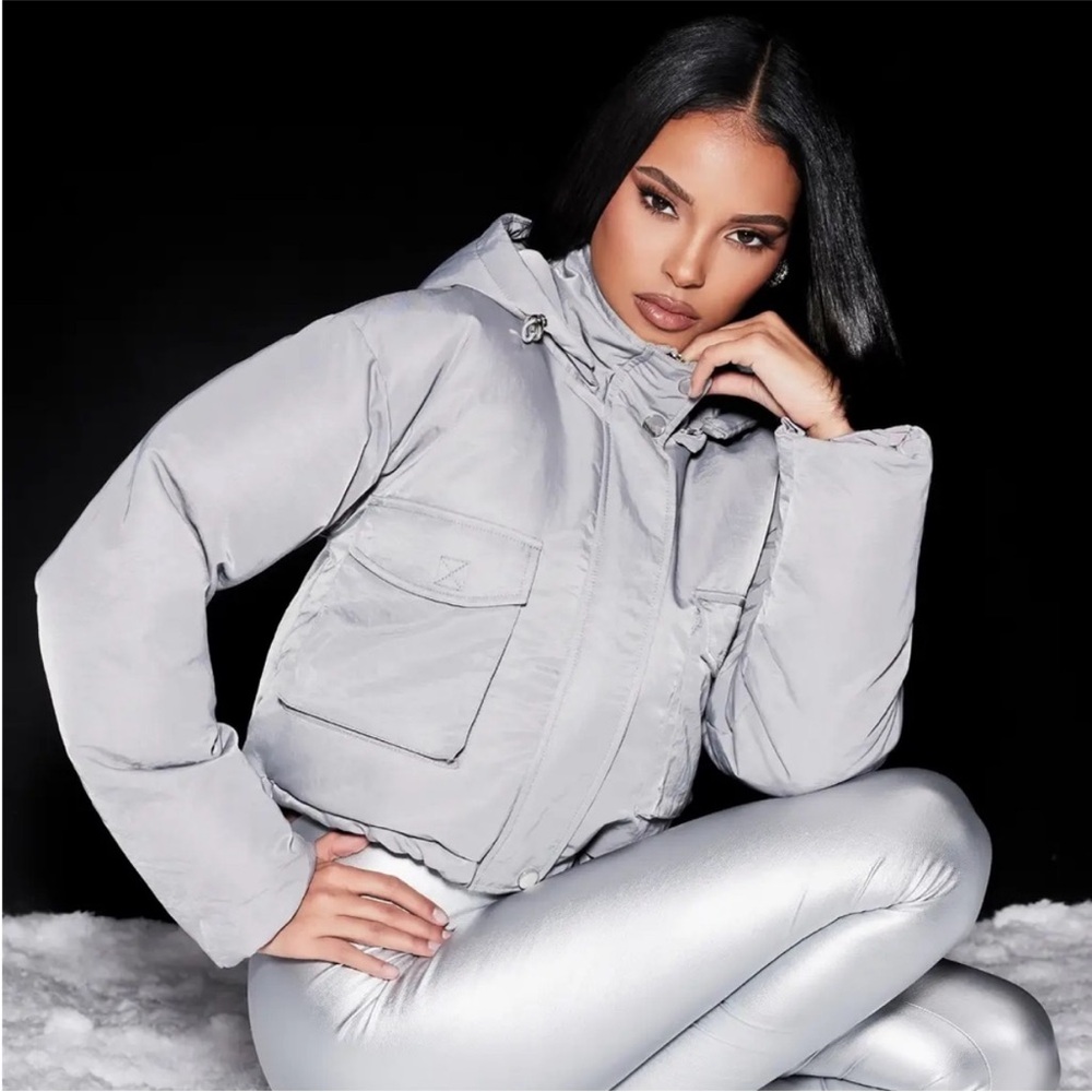 NEW NAKED WARDROBE Icy Gray Hooded Cropped Puffer Winter Jacket